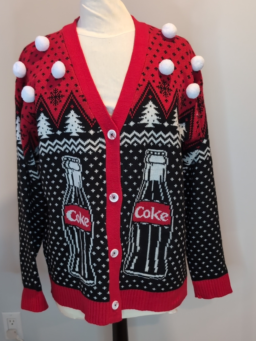 Coca Cola Red And Black Bottle Motif Cardigan Size Large Ugly Christmas Sweater